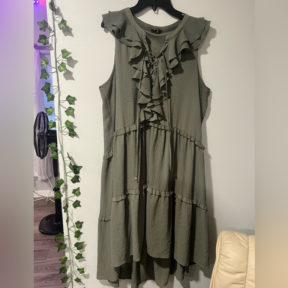 Olive Green High Low Ruffle Dress